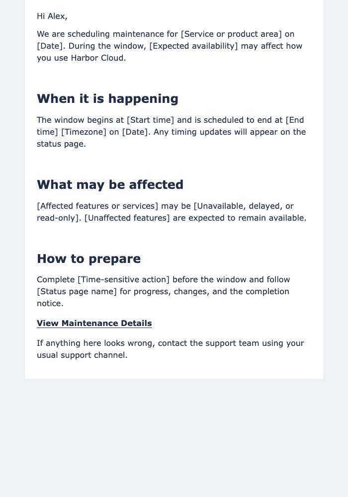 Scheduled Maintenance Window Announcement email design preview