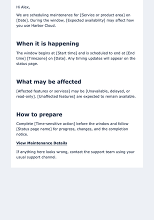 Scheduled Maintenance Window Announcement email design preview