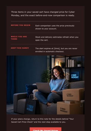 Your Saved Cart Price Check email design preview