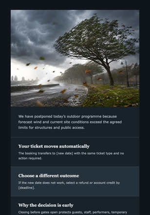 High-Wind Event Postponed email design preview