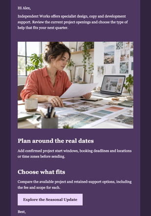 Quarterly Capacity Update — Design, Copy, and Development Freelancers email design preview