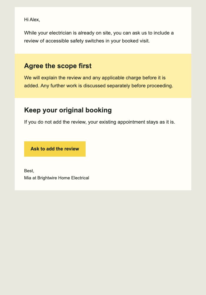 Add a Safety Switch Review email design preview