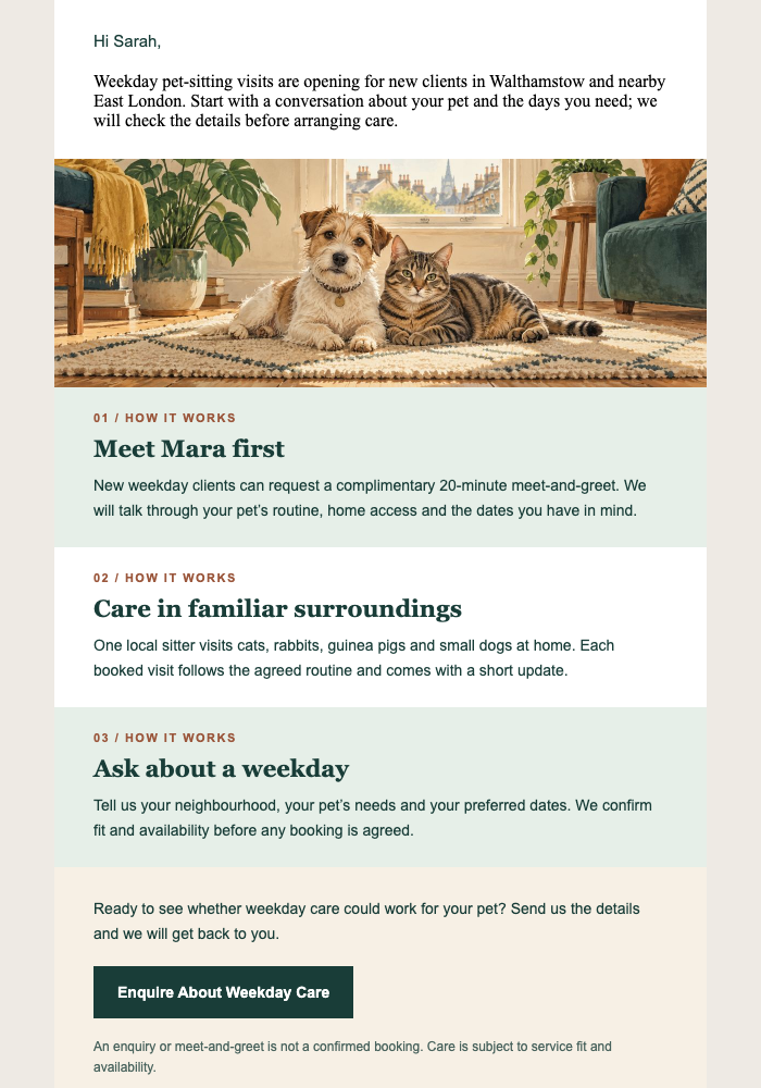 Weekday Pet Care Opening email design preview