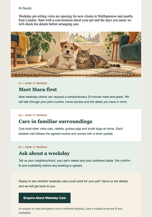 Weekday Pet Care Opening email design preview