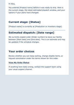 Preorder and Backorder Status Update email design preview