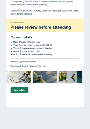 Thursday Session Update email design preview