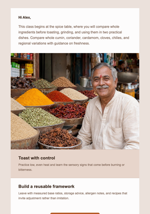 Spice Market Cooking Class email design preview