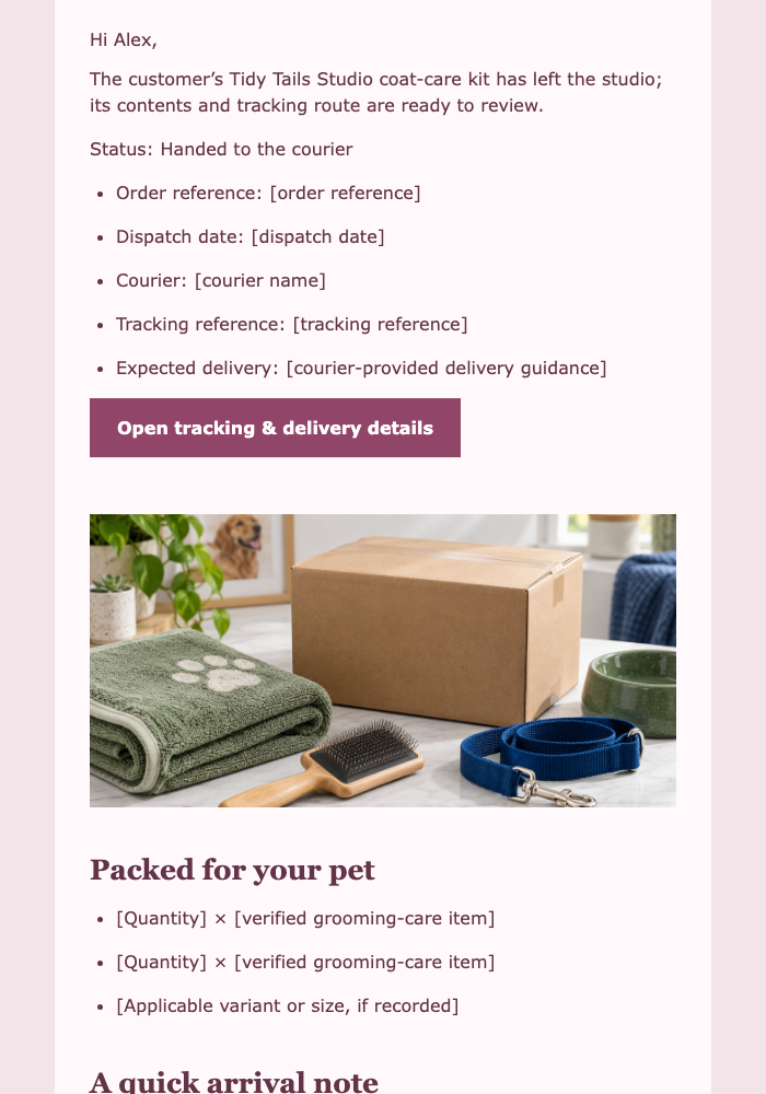 Pet Care Kit Dispatch email design preview
