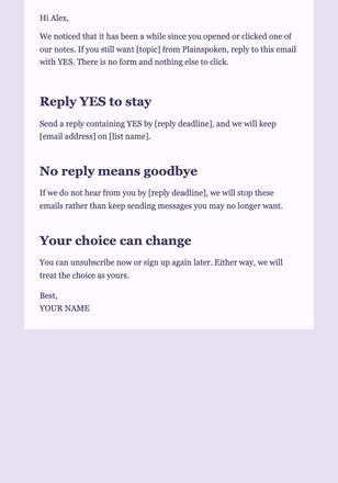 Reply Yes Engagement Reset email design preview