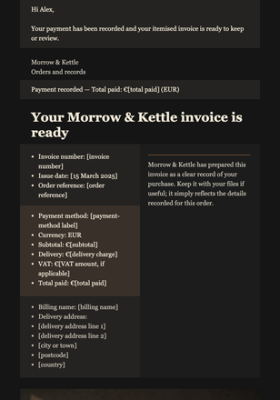 Dark Editorial Invoice Record email design preview