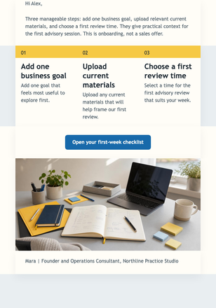 First-week client checklist email design preview