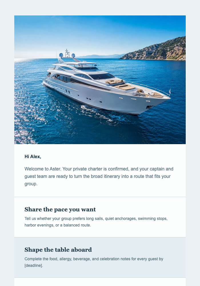 Welcome Aboard Your Private Charter email design preview