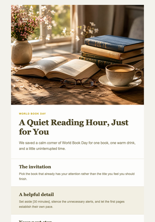 A Quiet Reading Hour, Just for You email design preview
