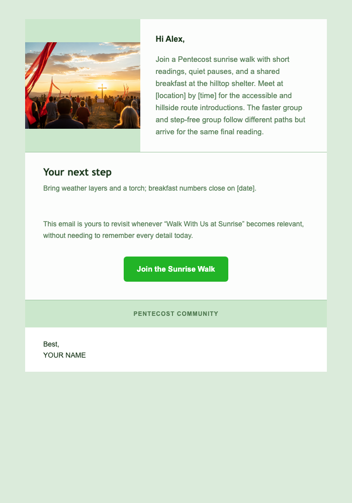 Walk With Us at Sunrise email design preview