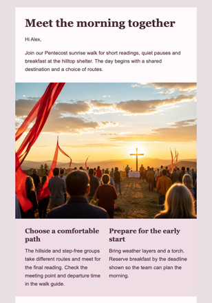 Walk With Us at Sunrise email design preview