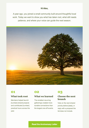 One Year Under the Oak email design preview