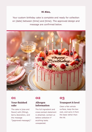 Your Custom Cake Is Ready email design preview