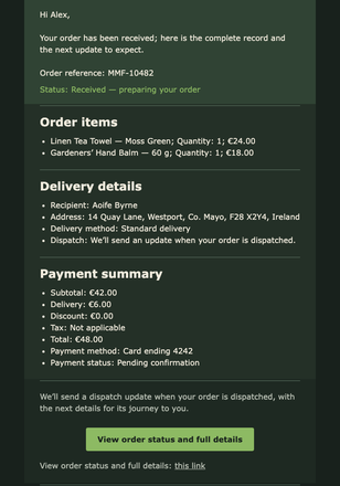 Order Received Ledger email design preview