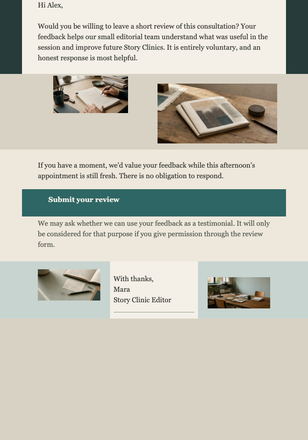Story Clinic Review Request email design preview