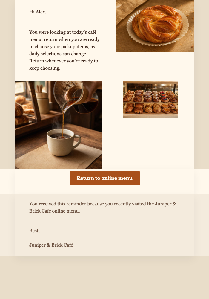Afternoon Menu Return email design preview