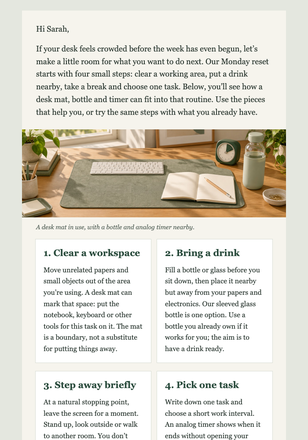 Monday Desk Reset Checklist email design preview