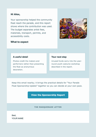 Your Parade Float Sponsorship Update email design preview