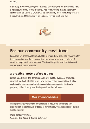Birthday Community Meal Fund email design preview