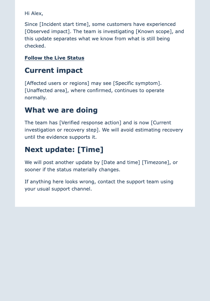 Service Incident Status Update email design preview