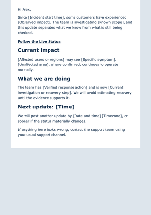 Service Incident Status Update email design preview