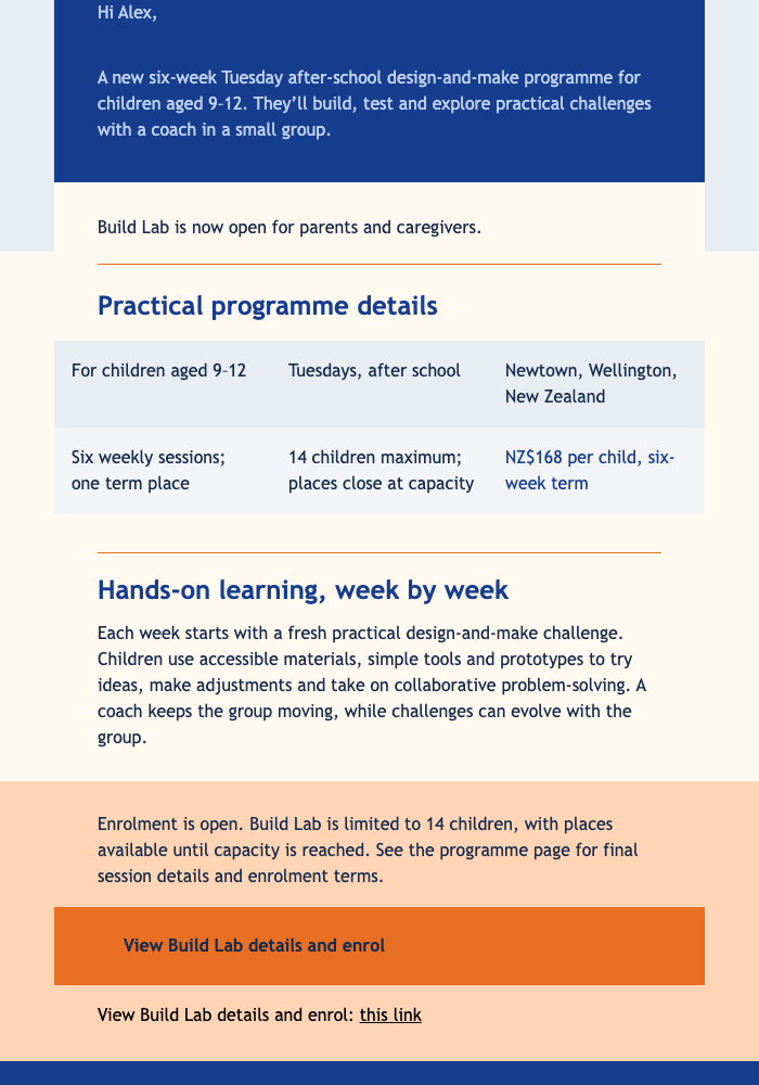 Build Lab Enrolment Open email design preview