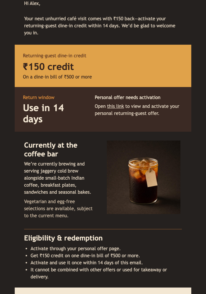 Returning Guest Café Credit email design preview