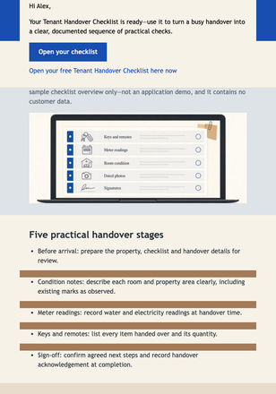Tenant Handover Checklist Delivery email design preview