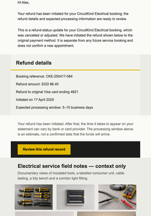 Electrical Service Refund Update email design preview
