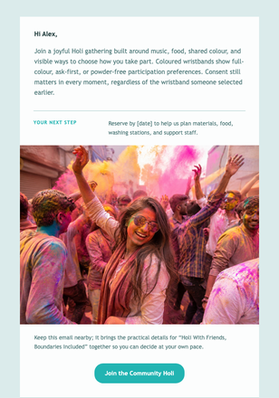 Holi With Friends, Boundaries Included email design preview