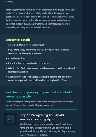 After-Dark Power Workshop Invite email design preview