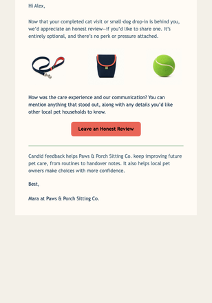 Pet Sitting Review Check-In email design preview