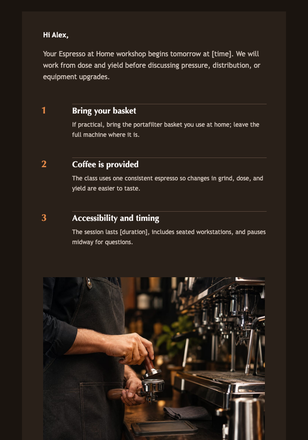 Espresso at Home Workshop Reminder email design preview