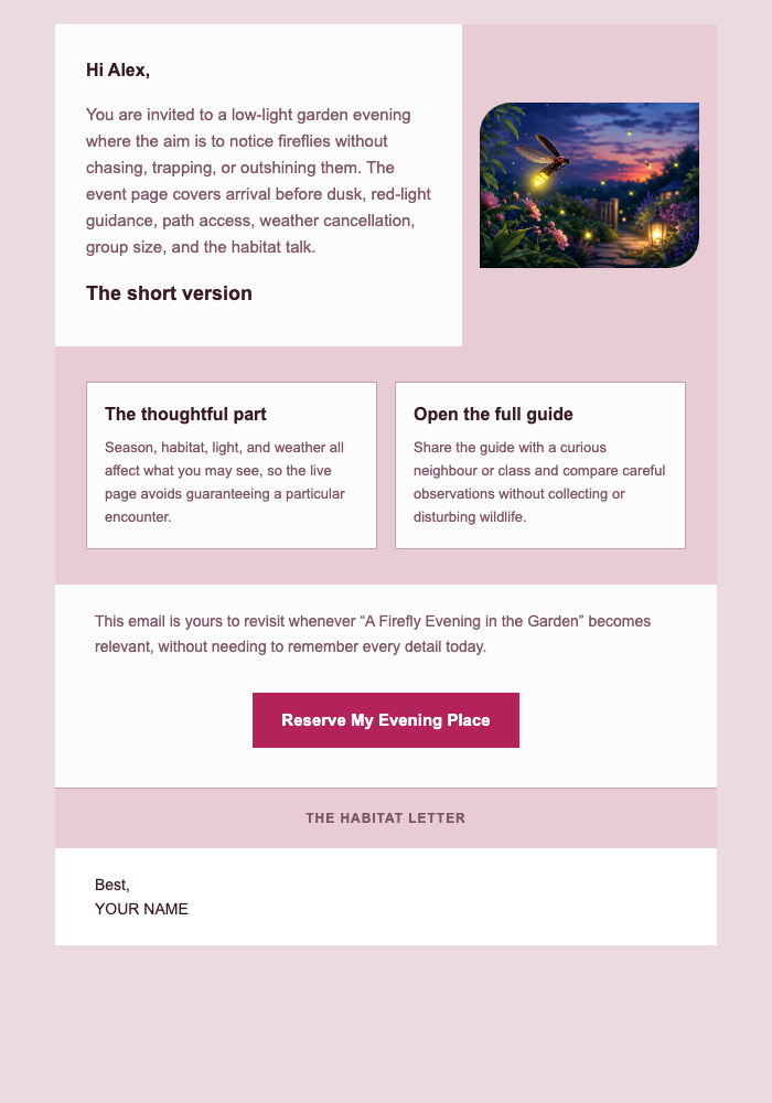 A Firefly Evening in the Garden email design preview