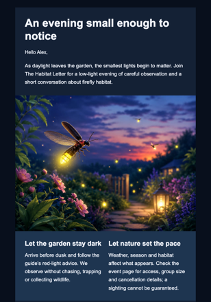 A Firefly Evening in the Garden email design preview