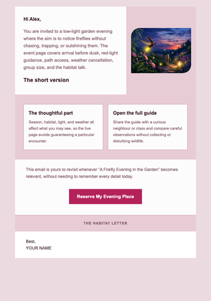A Firefly Evening in the Garden email design preview