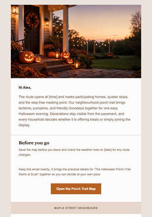 The Halloween Porch Trail Starts at Dusk email design preview