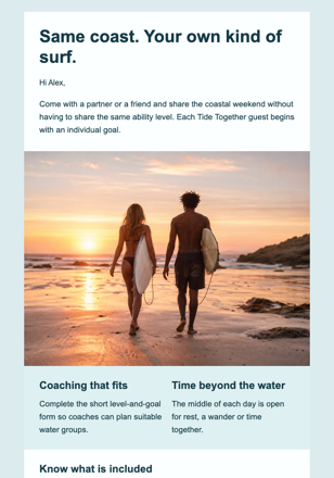 Two-Person Surf Retreat email design preview