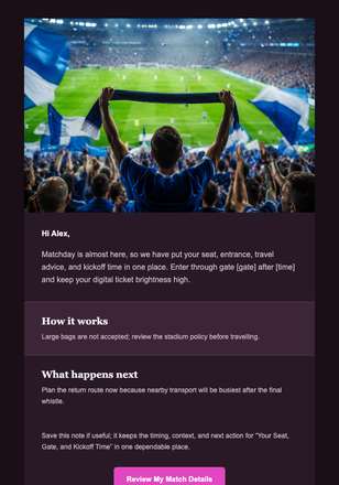 Your Seat, Gate, and Kickoff Time email design preview