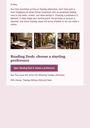 Reading Desk Welcome email design preview