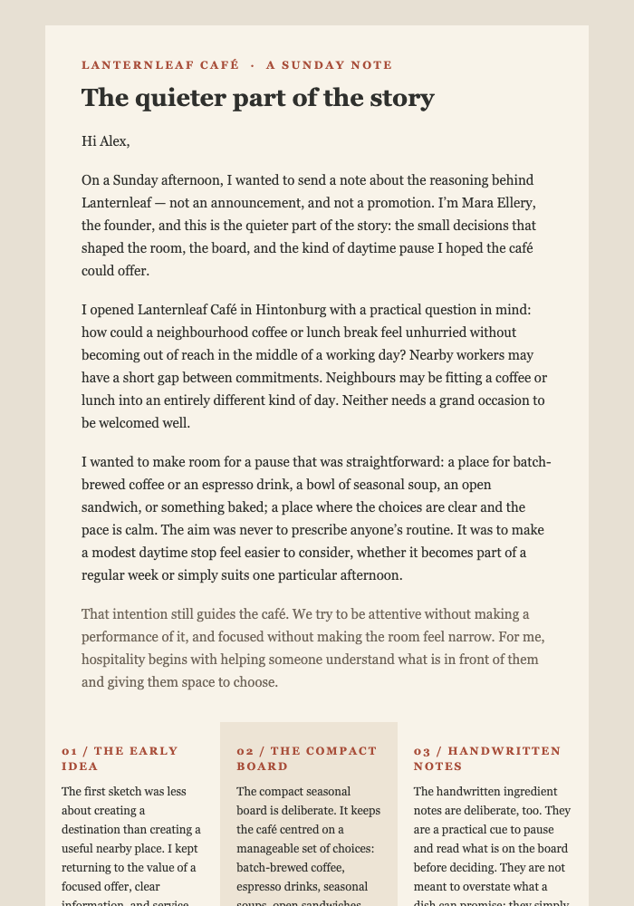 Founder Note: The Café We Built email design preview