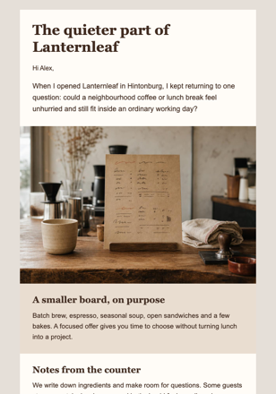 Founder Note: The Café We Built email design preview