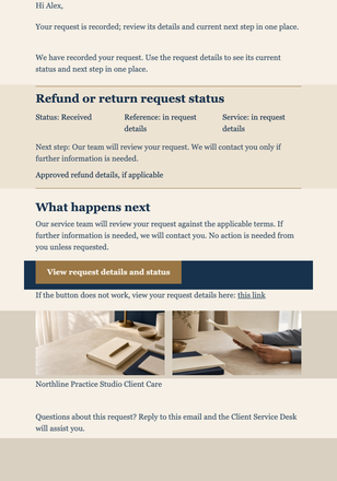 Refund Request Status Ticket email design preview