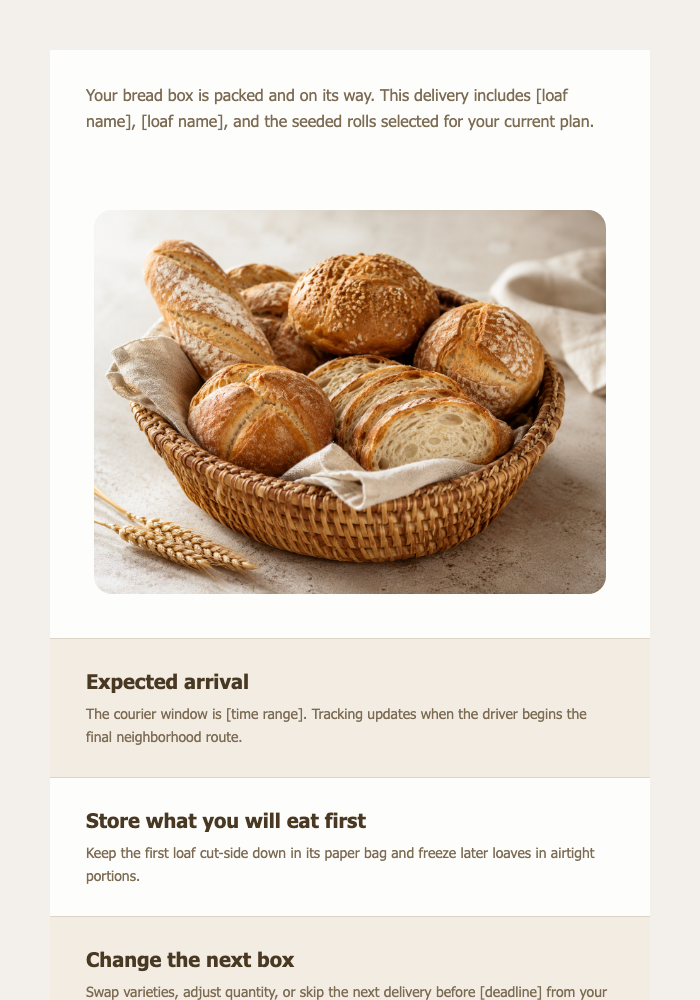 Your Bread Box Is on the Way email design preview