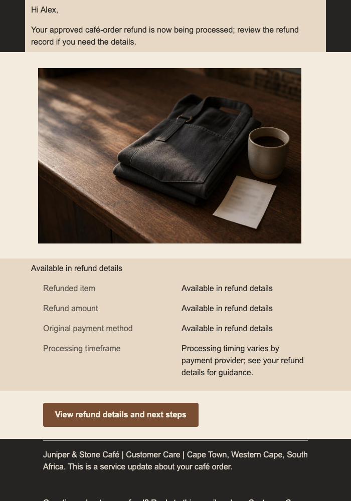 Refund Processing Update email design preview