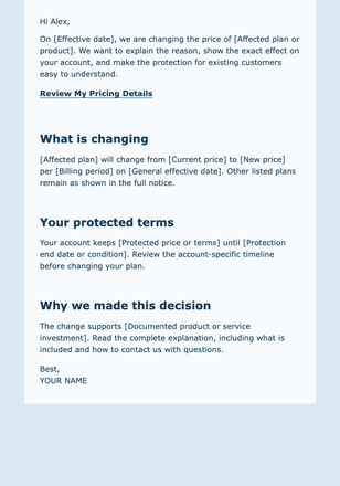 Pricing Change with Existing Customer Protection email design preview